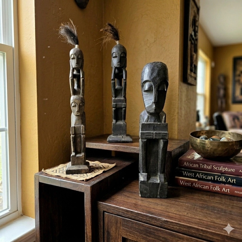 Vintage African Carved Wood Totem Figures, Set of 3 Tribal Statues Real Hair